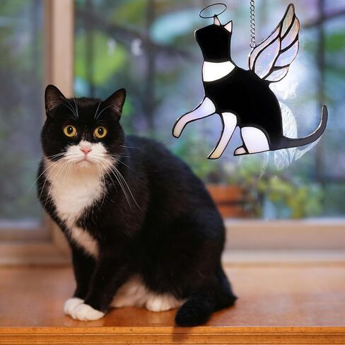 Cat Stained Glass Memorial Gifts for Loss of Cat, Holographic Angel Cat Died Sympathy Remembrance Gift for Window Hanging in Saudi Arabia