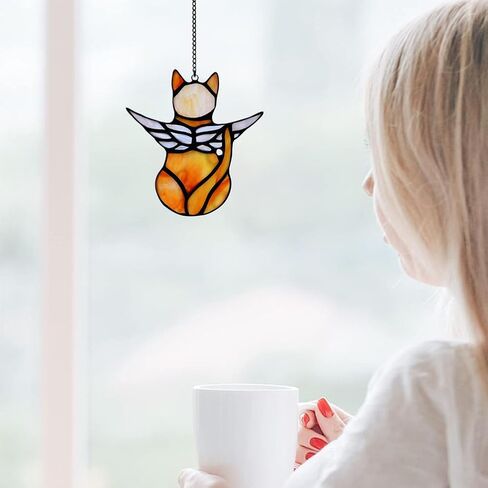 Angel Cat Memorial Present Ornaments, Stained Glass Window Hanging Decorations for Cat Lovers, Angel Wings Cat Suncatcher Decor, Pet Memorial Sympathy Present Statue (white) in Saudi Arabia