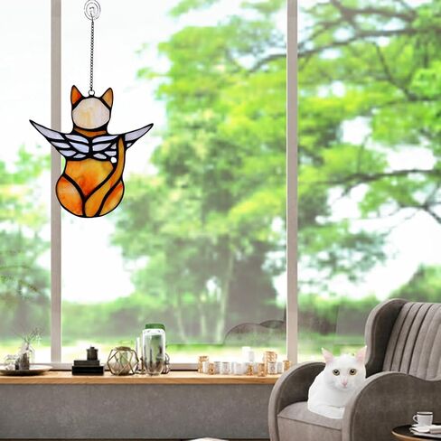 Angel Cat Memorial Present Ornaments, Stained Glass Window Hanging Decorations for Cat Lovers, Angel Wings Cat Suncatcher Decor, Pet Memorial Sympathy Present Statue (white) in Saudi Arabia