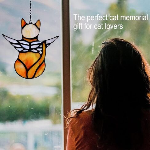 Angel Cat Memorial Present Ornaments, Stained Glass Window Hanging Decorations for Cat Lovers, Angel Wings Cat Suncatcher Decor, Pet Memorial Sympathy Present Statue (white) in Saudi Arabia