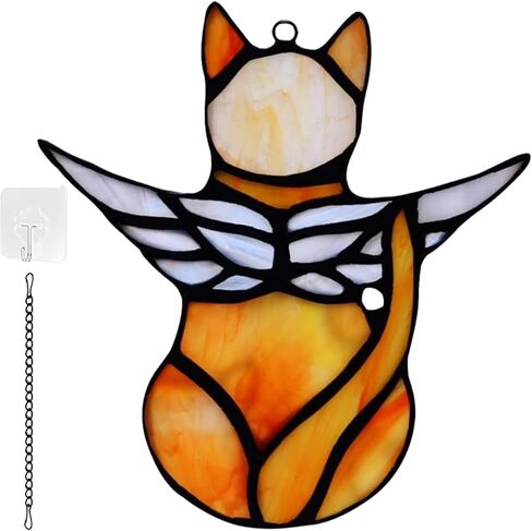 Angel Cat Memorial Present Ornaments, Stained Glass Window Hanging Decorations for Cat Lovers, Angel Wings Cat Suncatcher Decor, Pet Memorial Sympathy Present Statue (white) in Saudi Arabia