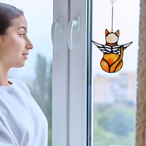 Angel Cat Memorial Present Ornaments, Stained Glass Window Hanging Decorations for Cat Lovers, Angel Wings Cat Suncatcher Decor, Pet Memorial Sympathy Present Statue (white) in Saudi Arabia
