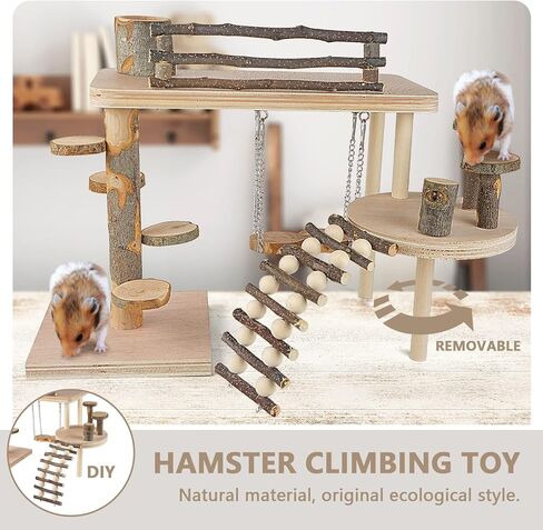 منصة ملعب الهامستر الخشبية، لعبة تسلق الهامستر، نظام تسلق الحياة الطبيعية، مجموعة أنشطة الحيوانات الصغيرة مع سلم ووعاء الطعام وجسر منحدر للفأر جربيل الفئران شينشيلا in Kuwait