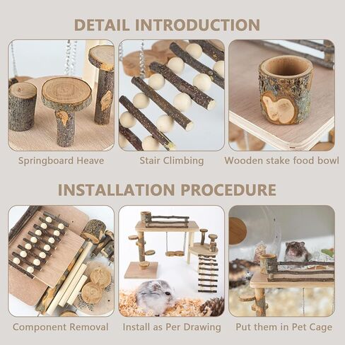 منصة ملعب الهامستر الخشبية، لعبة تسلق الهامستر، نظام تسلق الحياة الطبيعية، مجموعة أنشطة الحيوانات الصغيرة مع سلم ووعاء الطعام وجسر منحدر للفأر جربيل الفئران شينشيلا in Kuwait