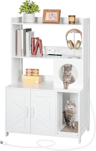 حاوية صندوق فضلات القطط مع رفين للتخزين، أثاث صندوق فضلات القطط المخفي بارتفاع 46.5 بوصة مع محطة شحن، خزانة حمام خشبية للقطط مع خدوش، بيت داخلي للقطط، أبيض CWWT89E01N1 in Kuwait