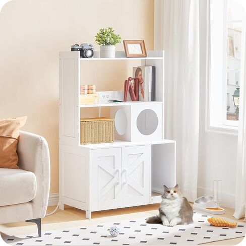 حاوية صندوق فضلات القطط مع رفين للتخزين، أثاث صندوق فضلات القطط المخفي بارتفاع 46.5 بوصة مع محطة شحن، خزانة حمام خشبية للقطط مع خدوش، بيت داخلي للقطط، أبيض CWWT89E01N1 in Kuwait