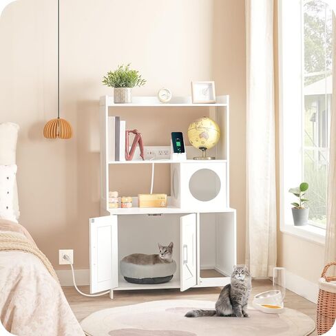 حاوية صندوق فضلات القطط مع رفين للتخزين، أثاث صندوق فضلات القطط المخفي بارتفاع 46.5 بوصة مع محطة شحن، خزانة حمام خشبية للقطط مع خدوش، بيت داخلي للقطط، أبيض CWWT89E01N1 in Kuwait