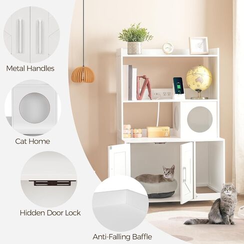 حاوية صندوق فضلات القطط مع رفين للتخزين، أثاث صندوق فضلات القطط المخفي بارتفاع 46.5 بوصة مع محطة شحن، خزانة حمام خشبية للقطط مع خدوش، بيت داخلي للقطط، أبيض CWWT89E01N1 in Kuwait