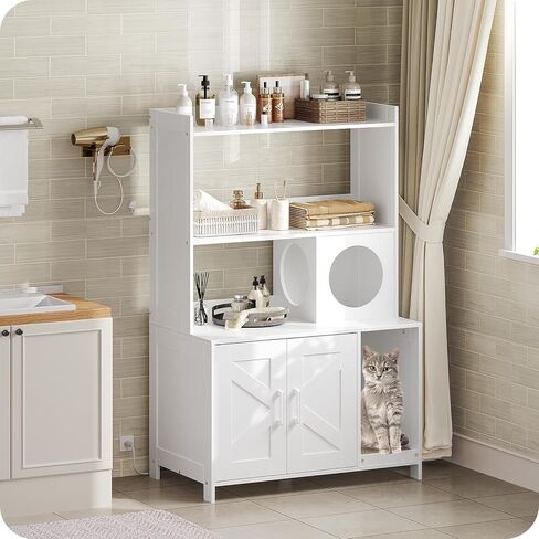 حاوية صندوق فضلات القطط مع رفين للتخزين، أثاث صندوق فضلات القطط المخفي بارتفاع 46.5 بوصة مع محطة شحن، خزانة حمام خشبية للقطط مع خدوش، بيت داخلي للقطط، أبيض CWWT89E01N1 in Kuwait