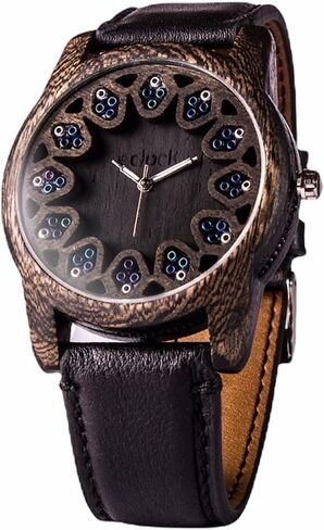 | Wooden Watch for Men, Chaquira Detail | HUICHOL IRIDESCENT BLACK | Ideal Present for Girlfriend, Mom, Daughter, Birthday, Anniversaries. Handcrafted and designed in Mexico. 45mm Diameter. in Saudi Arabia