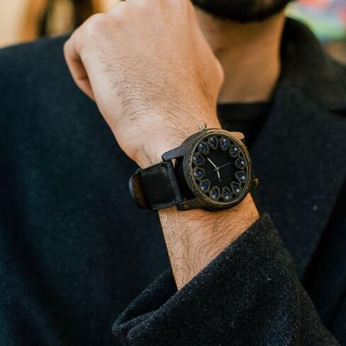 | Wooden Watch for Men, Chaquira Detail | HUICHOL IRIDESCENT BLACK | Ideal Present for Girlfriend, Mom, Daughter, Birthday, Anniversaries. Handcrafted and designed in Mexico. 45mm Diameter. in Saudi Arabia
