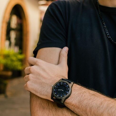 | Wooden Watch for Men, Chaquira Detail | HUICHOL IRIDESCENT BLACK | Ideal Present for Girlfriend, Mom, Daughter, Birthday, Anniversaries. Handcrafted and designed in Mexico. 45mm Diameter. in Saudi Arabia