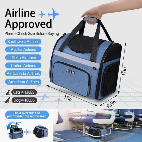 Pet Backpack Carrier 17x13x9.5 Southwest Airline Approved for 1-12 LBS Small Cats and Dogs(Blue) in Saudi Arabia