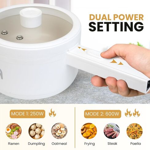 Electric Cooker, 2L Non-Stick Sauté Pan, Rapid Noodles Mini Pot for Steak, Egg, Fried Rice, Ramen, Oatmeal, Soup, Adjustable Power, College Dorm Room Essential, Includes Egg Rack in Saudi Arabia