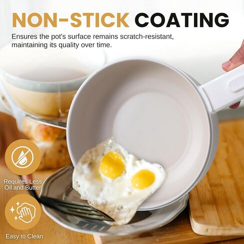 Electric Cooker, 2L Non-Stick Sauté Pan, Rapid Noodles Mini Pot for Steak, Egg, Fried Rice, Ramen, Oatmeal, Soup, Adjustable Power, College Dorm Room Essential, Includes Egg Rack in Saudi Arabia