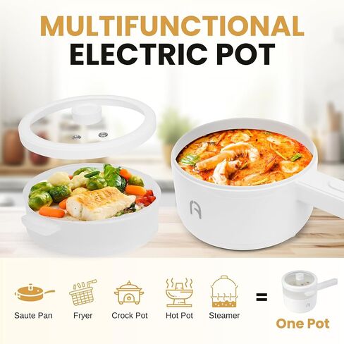 Electric Cooker, 2L Non-Stick Sauté Pan, Rapid Noodles Mini Pot for Steak, Egg, Fried Rice, Ramen, Oatmeal, Soup, Adjustable Power, College Dorm Room Essential, Includes Egg Rack in Saudi Arabia