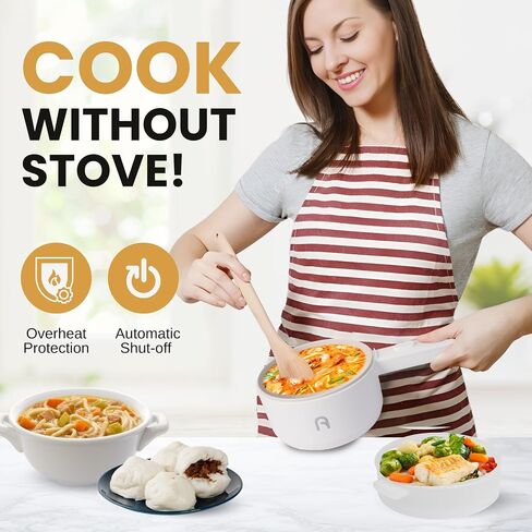 Electric Cooker, 2L Non-Stick Sauté Pan, Rapid Noodles Mini Pot for Steak, Egg, Fried Rice, Ramen, Oatmeal, Soup, Adjustable Power, College Dorm Room Essential, Includes Egg Rack in Saudi Arabia