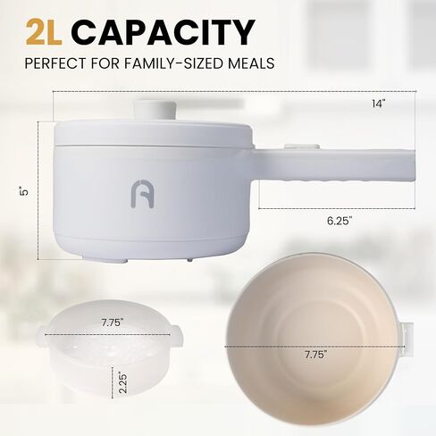 Electric Cooker, 2L Non-Stick Sauté Pan, Rapid Noodles Mini Pot for Steak, Egg, Fried Rice, Ramen, Oatmeal, Soup, Adjustable Power, College Dorm Room Essential, Includes Egg Rack in Saudi Arabia