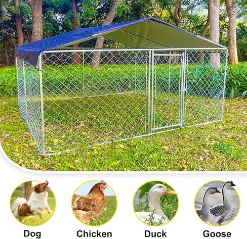 Large Outdoor Metal Dog Kennel with Waterproof Cover, Galvanized Steel Dog House, Dogs Cage & Dog Enclosures for Backyard Farm Use(9.8 * 9.8 * 5.6FT) in Saudi Arabia