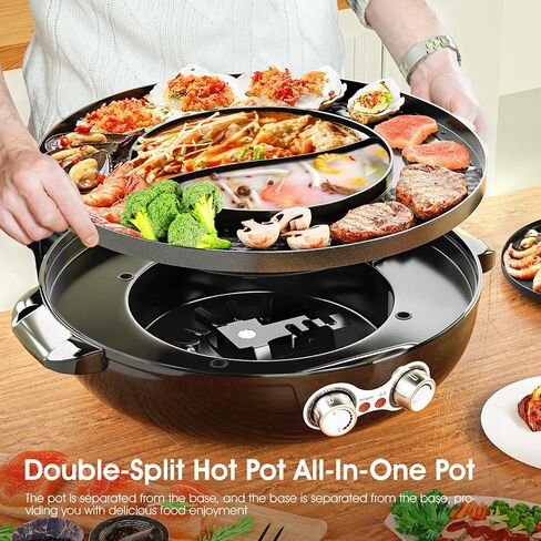 Hot Pot with Grill, 2 in 1 Electric Smokeless Non-Stick Grill and Hot Pot Combo with Dual Temperature Control for Indoor Shabu-Shabu Hotpot Korean BBQ Grill,Perfect for 1 to 8 Person in Saudi Arabia