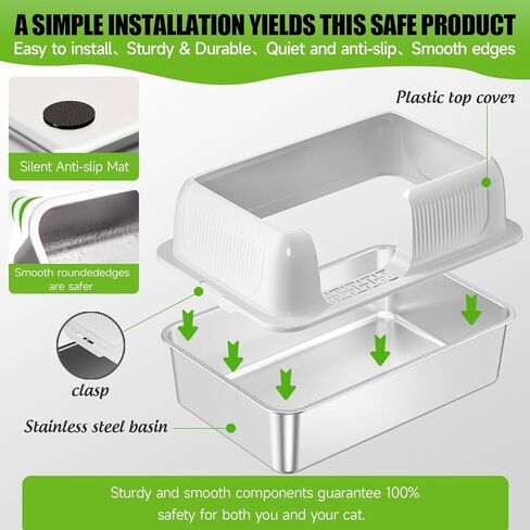 صندوق فضلات القطط من الفولاذ المقاوم للصدأ مع غطاء، مجرفة فضلات القطط من الفولاذ المقاوم للصدأ، صندوق فضلات القطط الكبير جدًا مقاس XL للقطط الكبيرة والمتعددة، صندوق فضلات معدني بجوانب عالية، مضاد للتسرب، بدون رائحة، غير لزج in Kuwait