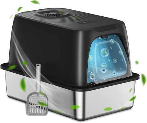 ONE PIX Stainless Steel Cat Litter Box with Odor Control & Lid, Extra Large Litter Box, Leak-Proof, Easy to Clean, Non-Stick Surface, Ideal for Big & Multiple Cats (Black) in Saudi Arabia