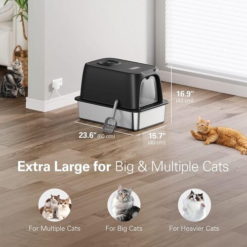 ONE PIX Stainless Steel Cat Litter Box with Odor Control & Lid, Extra Large Litter Box, Leak-Proof, Easy to Clean, Non-Stick Surface, Ideal for Big & Multiple Cats (Black) in Saudi Arabia