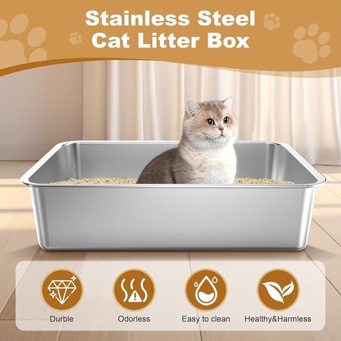 Enclosed Stainless Steel Cat Litter Box with Lid XL Extra Large Metal Litter Box for Big Cats, Metal Litter Pan Tray with High Wall Sides Enclosure, Non-Sticky, Anti-Urine Leakage, Easy Cleaning in Saudi Arabia