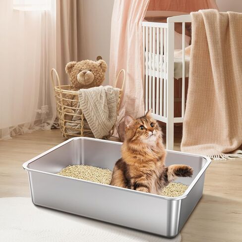 Enclosed Stainless Steel Cat Litter Box with Lid XL Extra Large Metal Litter Box for Big Cats, Metal Litter Pan Tray with High Wall Sides Enclosure, Non-Sticky, Anti-Urine Leakage, Easy Cleaning in Saudi Arabia