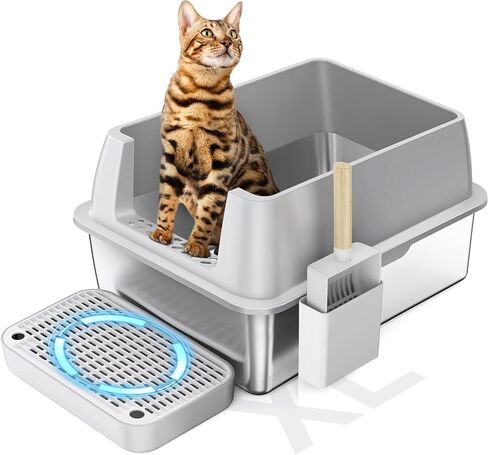 Enclosed Stainless Steel Cat Litter Box with Lid XL Extra Large Metal Litter Box for Big Cats, Metal Litter Pan Tray with High Wall Sides Enclosure, Non-Sticky, Anti-Urine Leakage, Easy Cleaning in Saudi Arabia