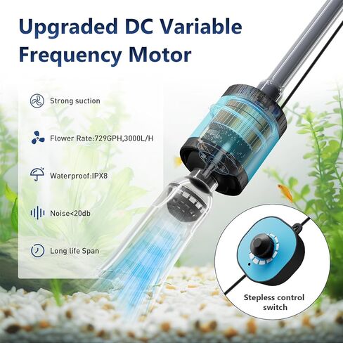 يعيش مكنسة حصى 12 فولت لحوض السمك، [محرك تردد متغير مطور] مضخة سيفون متعددة الاستخدامات 6 في 1 لخزان الأسماك، طقم تنظيف خزان الأسماك، مكنسة كهربائية لحوض السمك، 729 جيجا في الساعة 3000 لتر/ساعة مبدل مياه in Kuwait