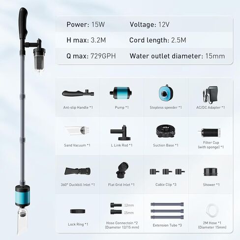 يعيش مكنسة حصى 12 فولت لحوض السمك، [محرك تردد متغير مطور] مضخة سيفون متعددة الاستخدامات 6 في 1 لخزان الأسماك، طقم تنظيف خزان الأسماك، مكنسة كهربائية لحوض السمك، 729 جيجا في الساعة 3000 لتر/ساعة مبدل مياه in Kuwait