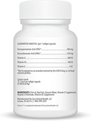 كبسولات هلامية ديرما-3 من سيفا، وأحماض أوميجا 3 الدهنية ومكملات الفيتامينات للكلاب المتوسطة (60 قطعة) in Kuwait