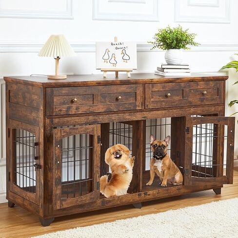 Dog Crate Furniture with 5 Doors, 58" Wooden Dog Kennel End Table with Large Capacity Drawers, Dog House with Openable Divider for Small/Medium/Large Dog,Dog Cage,Side End Table,Rustic Brown in Saudi Arabia