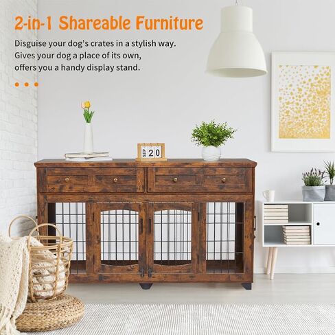 Dog Crate Furniture with 5 Doors, 58" Wooden Dog Kennel End Table with Large Capacity Drawers, Dog House with Openable Divider for Small/Medium/Large Dog,Dog Cage,Side End Table,Rustic Brown in Saudi Arabia