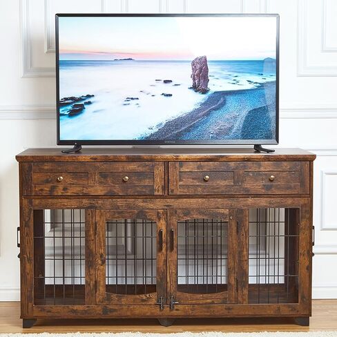 Dog Crate Furniture with 5 Doors, 58" Wooden Dog Kennel End Table with Large Capacity Drawers, Dog House with Openable Divider for Small/Medium/Large Dog,Dog Cage,Side End Table,Rustic Brown in Saudi Arabia