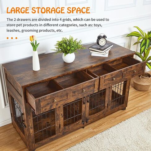 Dog Crate Furniture with 5 Doors, 58" Wooden Dog Kennel End Table with Large Capacity Drawers, Dog House with Openable Divider for Small/Medium/Large Dog,Dog Cage,Side End Table,Rustic Brown in Saudi Arabia