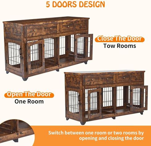 Dog Crate Furniture with 5 Doors, 58" Wooden Dog Kennel End Table with Large Capacity Drawers, Dog House with Openable Divider for Small/Medium/Large Dog,Dog Cage,Side End Table,Rustic Brown in Saudi Arabia