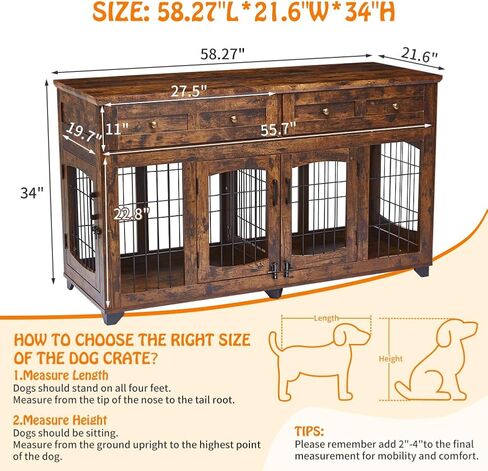 Dog Crate Furniture with 5 Doors, 58" Wooden Dog Kennel End Table with Large Capacity Drawers, Dog House with Openable Divider for Small/Medium/Large Dog,Dog Cage,Side End Table,Rustic Brown in Saudi Arabia