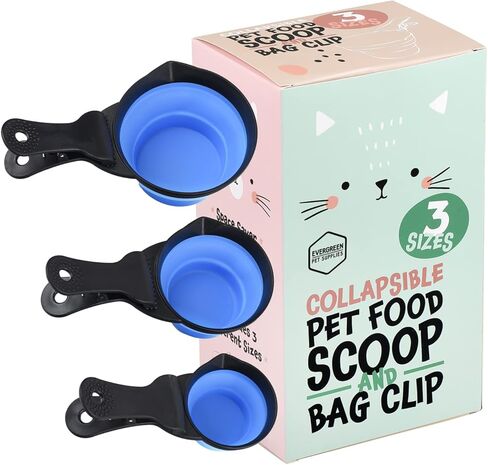 مجموعة أكواب قياس قابلة للطي من Evergreen Pet Supplies 3 أحجام لقياس أغذية الحيوانات الأليفة بدقة - مغرفة طعام الحيوانات الأليفة أثناء السفر مع مشابك لأكياس طعام الكلاب - كوب قياس مطاطي ناعم - مغرفة طعام متينة للكلاب والقطط in Kuwait