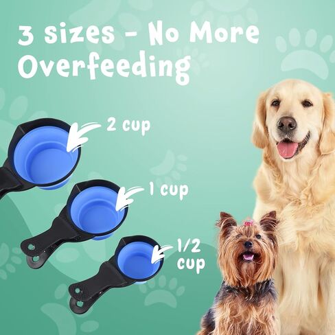 مجموعة أكواب قياس قابلة للطي من Evergreen Pet Supplies 3 أحجام لقياس أغذية الحيوانات الأليفة بدقة - مغرفة طعام الحيوانات الأليفة أثناء السفر مع مشابك لأكياس طعام الكلاب - كوب قياس مطاطي ناعم - مغرفة طعام متينة للكلاب والقطط in Kuwait