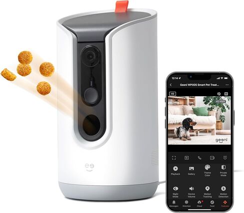 Geeni Pet Treat Dispenser with Camera - 2K HD WiFi Enabled, Dog and Cat Automatic Smart Feeder, Two-Way Audio, Night Vision, Auto-Follow, Remote Access with App, Alexa and Google Compatible, White in Saudi Arabia