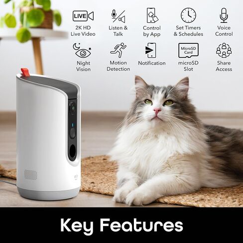 Geeni Pet Treat Dispenser with Camera - 2K HD WiFi Enabled, Dog and Cat Automatic Smart Feeder, Two-Way Audio, Night Vision, Auto-Follow, Remote Access with App, Alexa and Google Compatible, White in Saudi Arabia