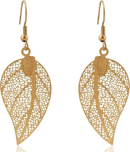 14K Gold Plated Leaf Drop Dangle Earrings Lightweight Filigree Earrings for Women Handmade Teardrop Plant Earrings for Sensitive Ears in Saudi Arabia