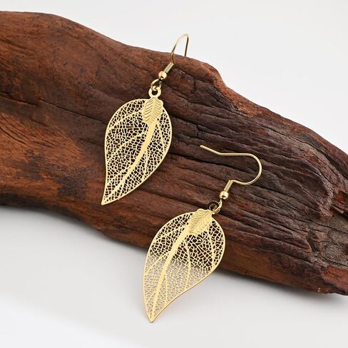 14K Gold Plated Leaf Drop Dangle Earrings Lightweight Filigree Earrings for Women Handmade Teardrop Plant Earrings for Sensitive Ears in Saudi Arabia