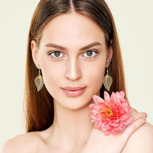 14K Gold Plated Leaf Drop Dangle Earrings Lightweight Filigree Earrings for Women Handmade Teardrop Plant Earrings for Sensitive Ears in Saudi Arabia