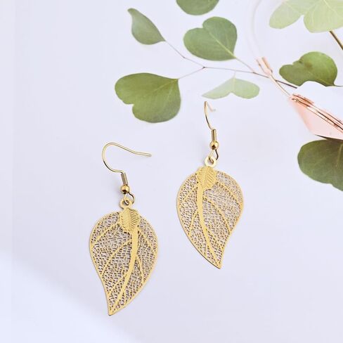 14K Gold Plated Leaf Drop Dangle Earrings Lightweight Filigree Earrings for Women Handmade Teardrop Plant Earrings for Sensitive Ears in Saudi Arabia