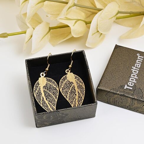 14K Gold Plated Leaf Drop Dangle Earrings Lightweight Filigree Earrings for Women Handmade Teardrop Plant Earrings for Sensitive Ears in Saudi Arabia
