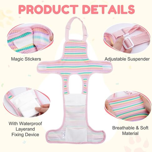Dog Diaper Suspenders Female Striped Sanitary Pantie with Adjustable Suspenders, Washable Dog Period Panties Physiological Pants, Dog Period Onesie Pet Breathable Jumpsuits (Rainbow Pattern, S) in Saudi Arabia