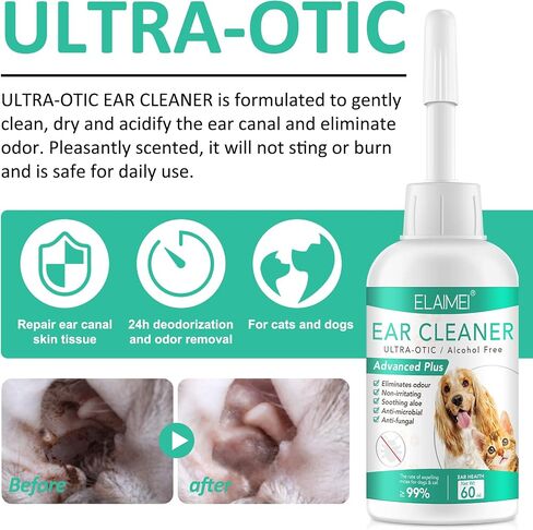 Dog Ear Cleaner, Dogs Ear Infection Treatment, Ear Wash Drops for Dogs Cats, Supports Soothes Infections Itching & Inflamed Ears, Natural Multi-Action Formula, Pet Ear Cleanser for All Dogs - 60ml in Saudi Arabia